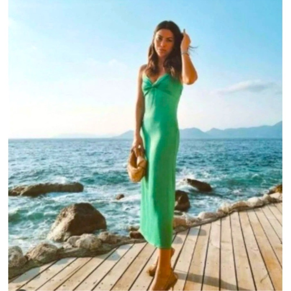 Zara Satin Slip Midi Dress Emerald Green Twist Front & Backless XS